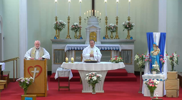 Fr Tom Mulcahy MSC joins Fr Paul Clayton-Lea in celebration of the 2021 MSC Novena to Our Lady of the Sacred Heart at the Sacred Heart Church on the Western Road, Cork.